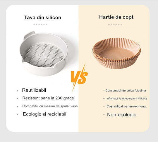 Set 2 Tăvi Ecologice din Silicon pentru Air Fryer Alista Home Temperatură Maximă 230 Grade Reutilizabile Reciclabile Mânere Antiderapante Fund Antiaderent 18.7 X 19.5 X 7 Cm Gri