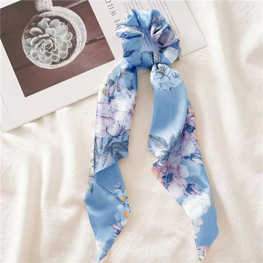 Scrunchie Λαστιχάκι Μαλλιών Μαντήλι Γαλάζιο Σχέδια Λουλουδίων