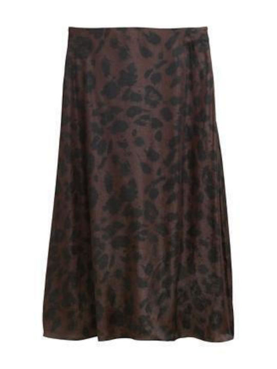 Saten Hohe Taille Midi Damenrock Leo Braun Schwarz Großer Leo-Print