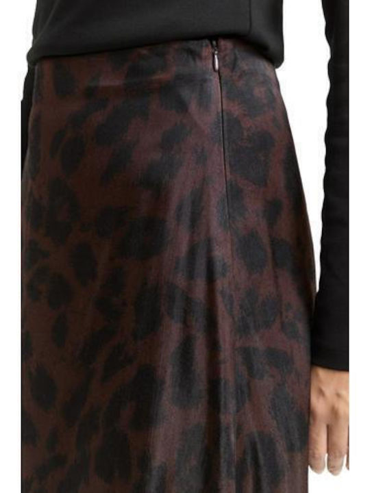 Saten Hohe Taille Midi Damenrock Leo Braun Schwarz Großer Leo-Print