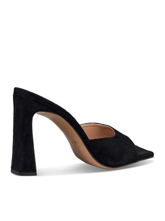 Suede Mules με Χοντρό Ψηλό Τακούνι σε Μαύρο Χρώμα