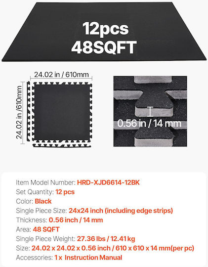 Vevor Gym Puzzle Mats Black 61x61x1.4cm 12 Pieces