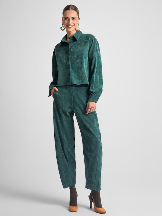 Women's Fabric Trousers with Elastic Loose Fit Green