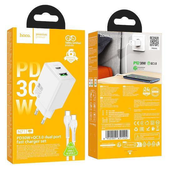 Hoco GaN Handyladegerät mit USB-A und USB-C Ausgangsanschlüssen und Kabel USB-C - Lightning 30W Stromlieferung Schwarz