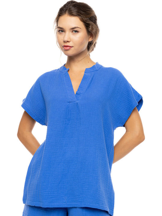 Pink Label Sommer Damen Schlafanzug-Set Indigo Blau