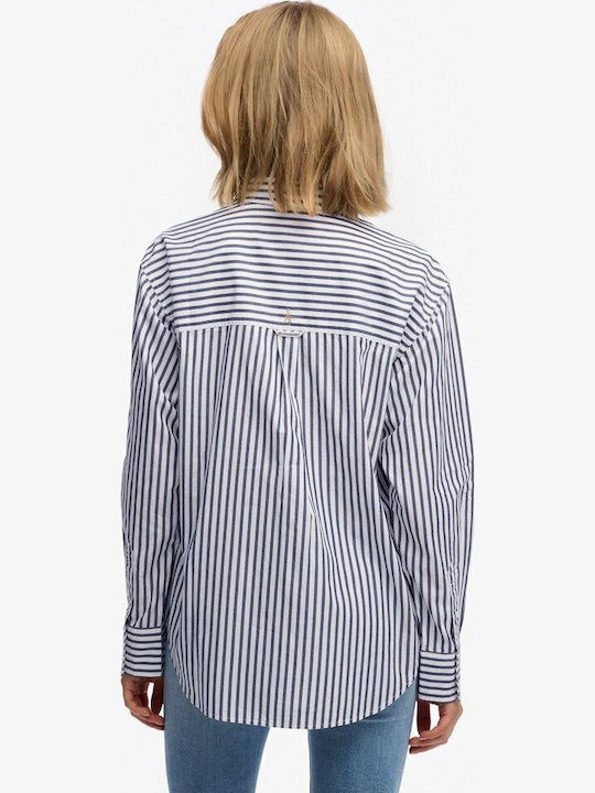 Long Sleeve Women's Denim Shirt Navy/White Striped