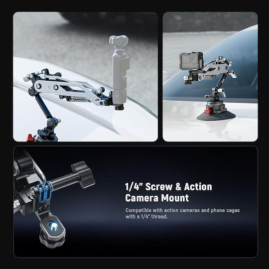 Suport Auto cu Ventuză Neewer Braț Hidraulic Flexibil pentru Cameră de Acțiune și Telefon – Nato Rail Rotire 360° Compatibil cu Dji Osmo Pocket 3 Insta360 X3 X4 X5 Gopro Hero 9–13 Telefon Mobil Sarcină Maximă 500 g Aluminiu Ga022