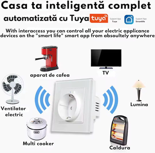 Priză Inteligentă de Perete Wifi Monitorizare Consum 16A – Control de la Distanță prin Aplicația Tuya Smart Life Control Vocal Programare Protecție Copii Panou din Sticlă Termorezistentă Compatibilă cu VisionHub Ios Android Amazon Alexa Google Home