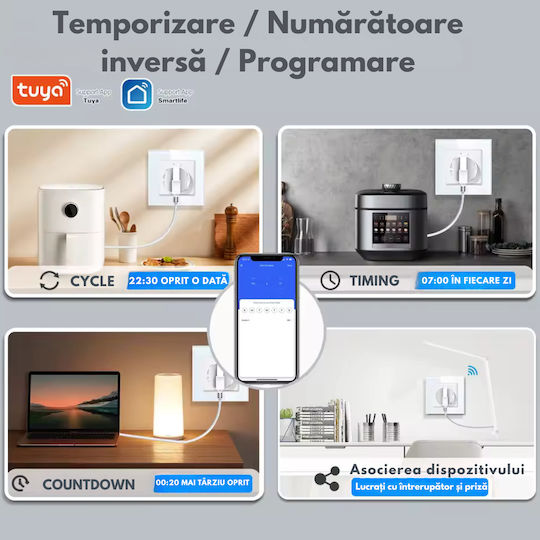 Priză Inteligentă de Perete Wifi Monitorizare Consum 16A – Control de la Distanță prin Aplicația Tuya Smart Life Control Vocal Programare Protecție Copii Panou din Sticlă Termorezistentă Compatibilă cu VisionHub Ios Android Amazon Alexa Google Home