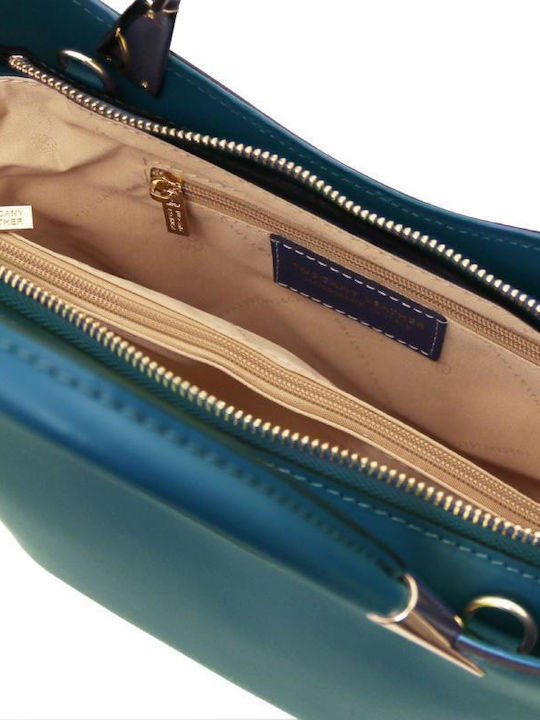 Leder Damen Schultertasche Petrol Blau