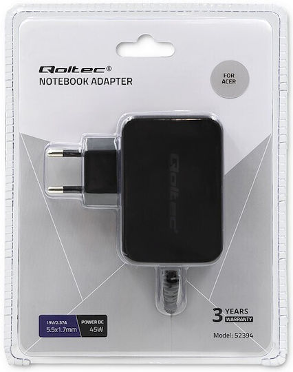 Qoltec Φορτιστής Laptop 45W 19V 2.4A για Acer με Αποσπώμενο Καλώδιο Τροφοδοσίας