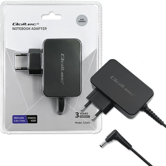 Qoltec Laptop Charger 45W 20V 2.25A for Lenovo with Detachable Power Cable
