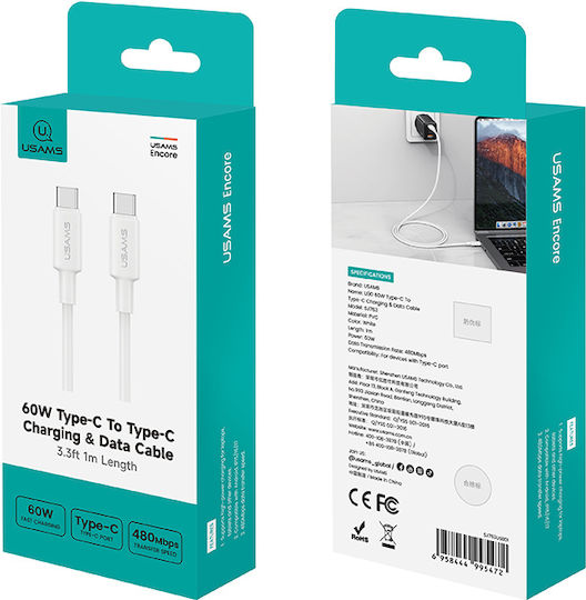 Usams USB 2.0 Cable USB-C Male - USB-C 60W PD White 1m