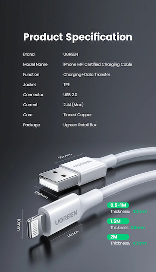 Ugreen US155 USB-A to Lightning Cable 12W Λευκό 1m (20728)
