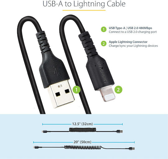 StarTech Spiral USB to Lightning Cable Μαύρο 0.5m (RUSB2ALT50CMBC)