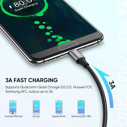 Ugreen US288 Braided USB 2.0 Cable USB-C male - USB-A 15W Γκρι 1m 60126