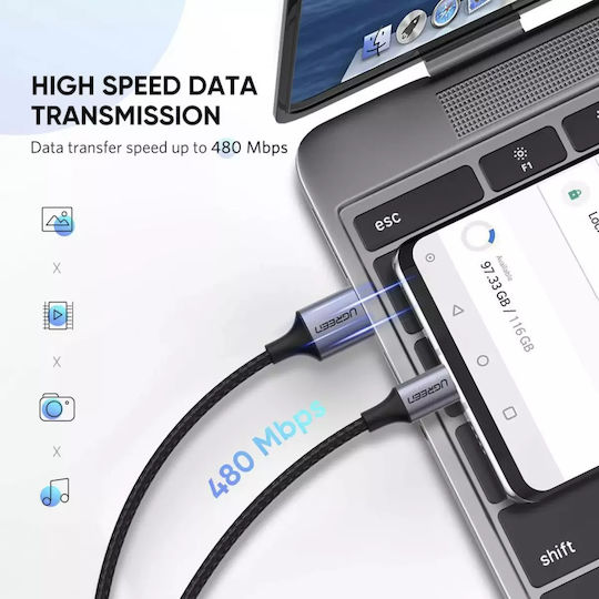 Ugreen US288 Braided USB 2.0 Cable USB-C male - USB-A 15W Γκρι 1m 60126