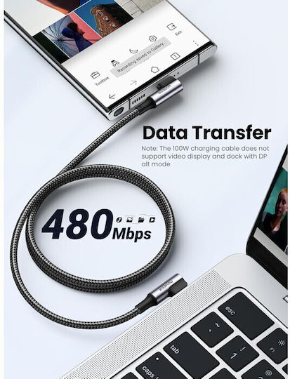 Ugreen US335 Ъглов (90°) / Плетен USB 2.0 Кабел USB-C Мъжки - USB-C 100W PD Черен 1m 70696