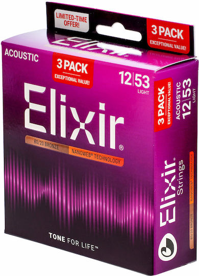 Elixir Nanoweb Einstellen Akustikgitarrensaiten 80/20 Bronze 12 - 53