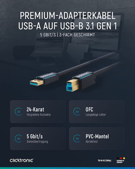 Clicktronic USB 3.0 Kabel USB-A-Stecker - USB-B-Stecker Blau 3m