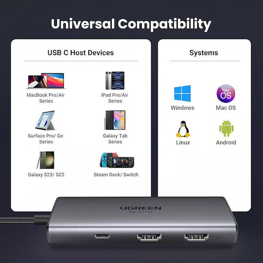 Ugreen Cm498 USB-C / USB-A Docking Station with 4K PD Silver