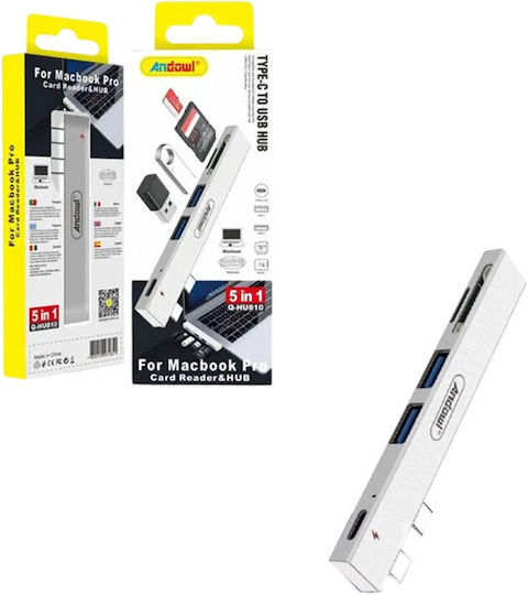 Andowl USB-Hub 5 Anschlüsse USB 3.0 mit USB-C Anschluss Silber