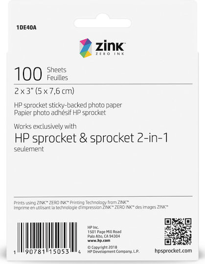 Hp Zink Photo Paper 2x3 2" X 3" 5.08 X 7.62 Cm Format 100 Sheets