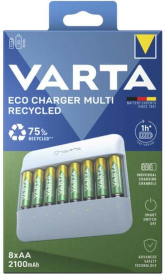 Varta Eco Charger Multi Recycled USB 8 Μπαταριών Ni-MH Μεγέθους AA/AAA Σετ με 8x AA 2100mAh σε Γκρι χρώμα
