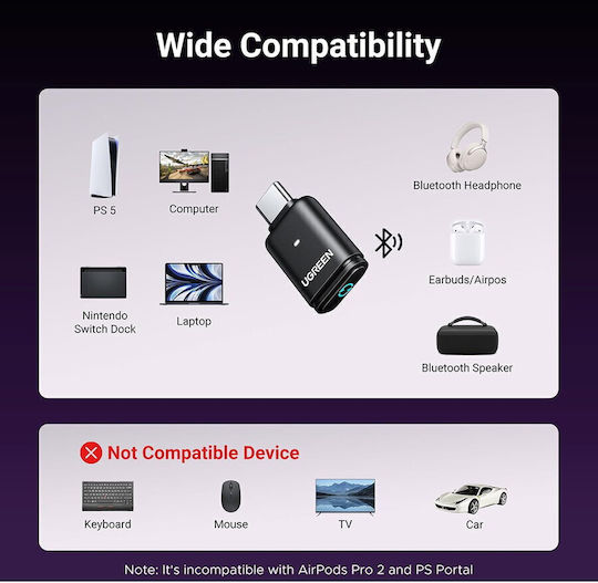 Ugreen USB-C Bluetooth 5.3 Adapter με Εμβέλεια 10m (45008)