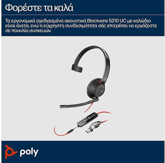 Poly Poly Blackwire 5210 Monaural Over Ear Căști Multimedia cu microfon și conexiune Jack de 3,5 mm / USB-C