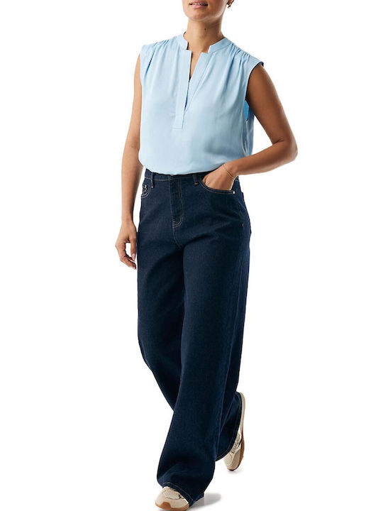 Women's Satin Sleeveless Top with V-Neck Light Blue