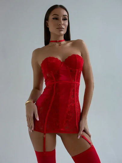 Sexy Intimate Lingerie Push-up Obro Privé Lace Mini Dress Choker Red