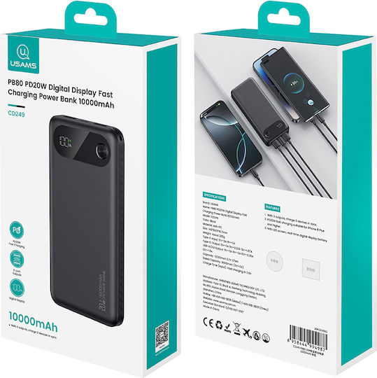 Usams CD249 Baterie Externă 10000mAh 20W Cu 2 Porturi De Ieșire USB-A Și Port De Ieșire USB-C Power Delivery Negru