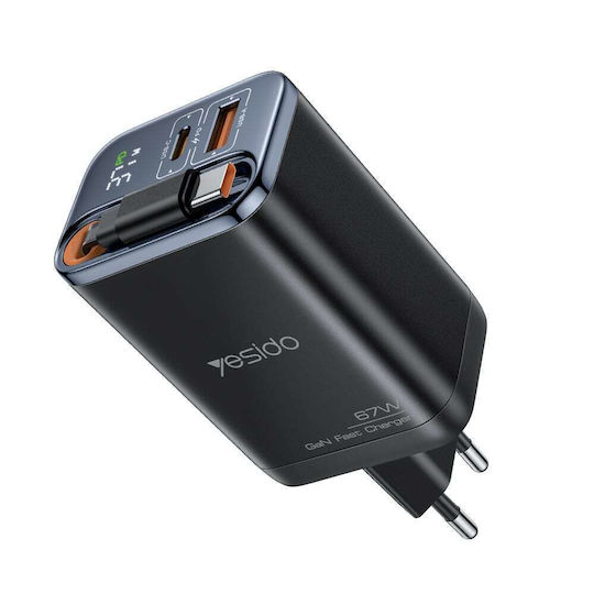 Yesido Charger With Built-In Cable GaN With USB-A Output Port And USB-C Output Port USB-C 67W Quick Charge 3.0 Power Delivery Quick Charge 2.0 Black (YC100)