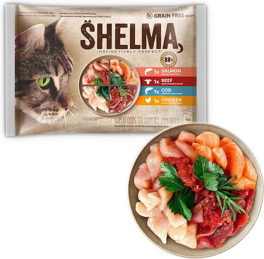 Υγρή Τροφή Γάτας Shelma Rich In Salmon Cod Beef Chicken 4x85g