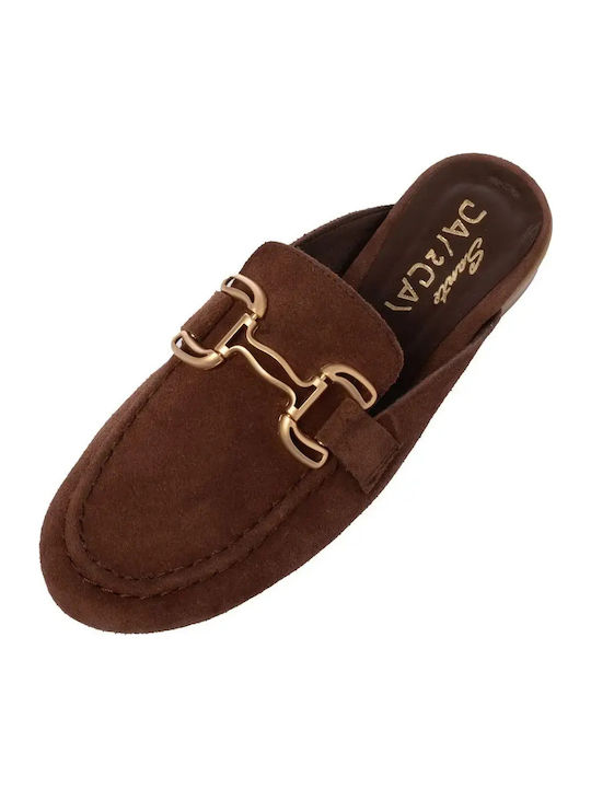 Leather Mules with Heel in Brown Colour