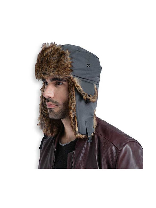 Winter Hat with Fur Ear Flaps Special Clip Closure Gray
