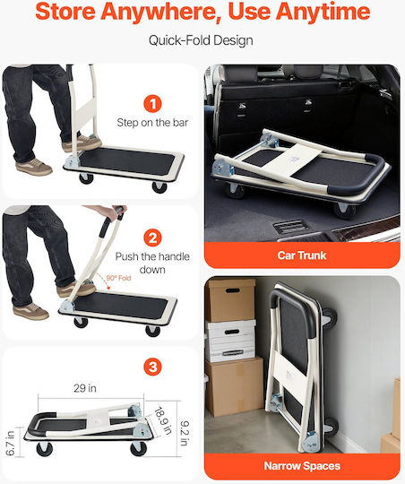 Vevor Collapsible Transport Trolley Capacity 149.69 Kg Truck Platform Swivel Wheels Transport Trolley Flat Platform Space Saving Push Handle Easy Storage 735 X 480 X 825 Mm