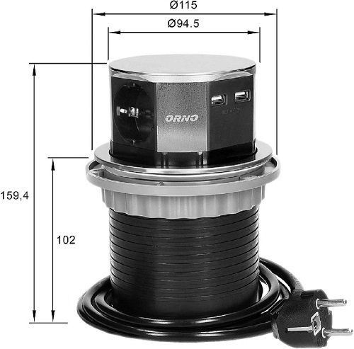 Orno Τριπλή Χωνευτή Πρίζα Ρεύματος με 2 Θύρες USB Ασημί