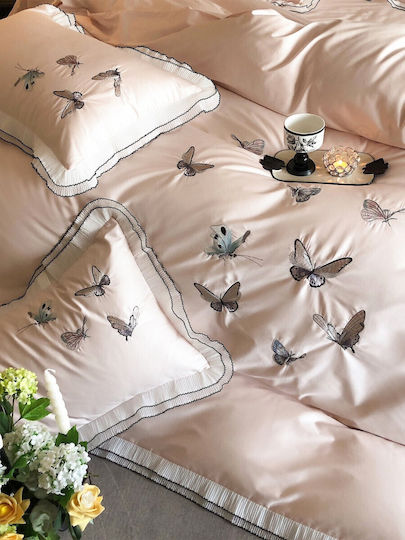 Set Huse Pentru Pilote 100% Bumbac Superdublu 220x240cm 2 Fețe De Pernă & 1 Cearceaf Roz