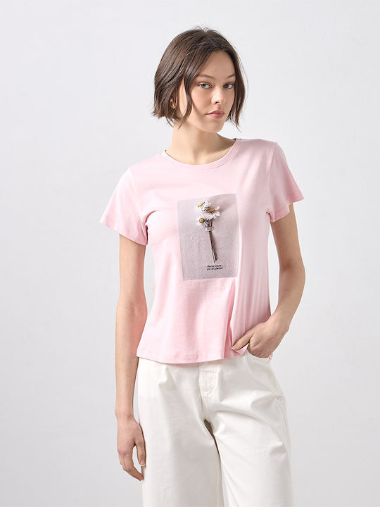 Women's Cotton Short Sleeve Floral Pink Blouse