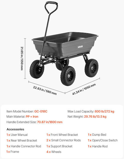 Dump Garden Cart Plastic with Maximum Load Capacity 272kg