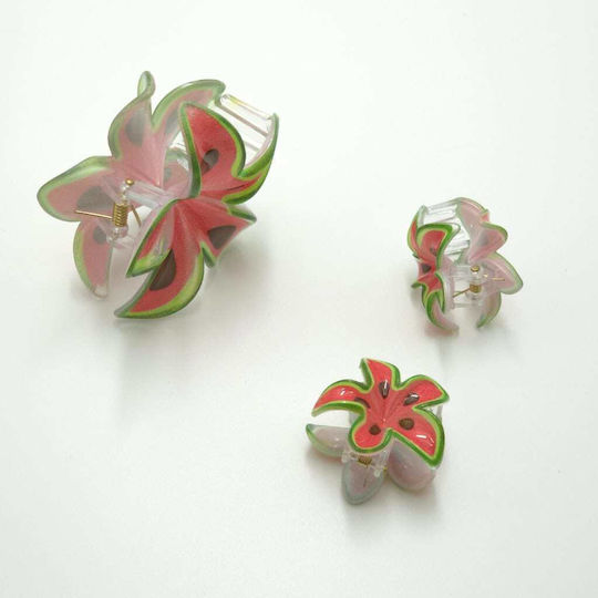 Set Of Hair Claw Clips With Flower Watermelon Design 3 Pieces Red
