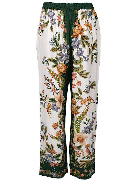 Women's Satin Trousers with Elastic Floral Green
