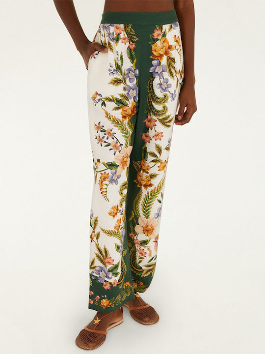 Women's Satin Trousers with Elastic Floral Green