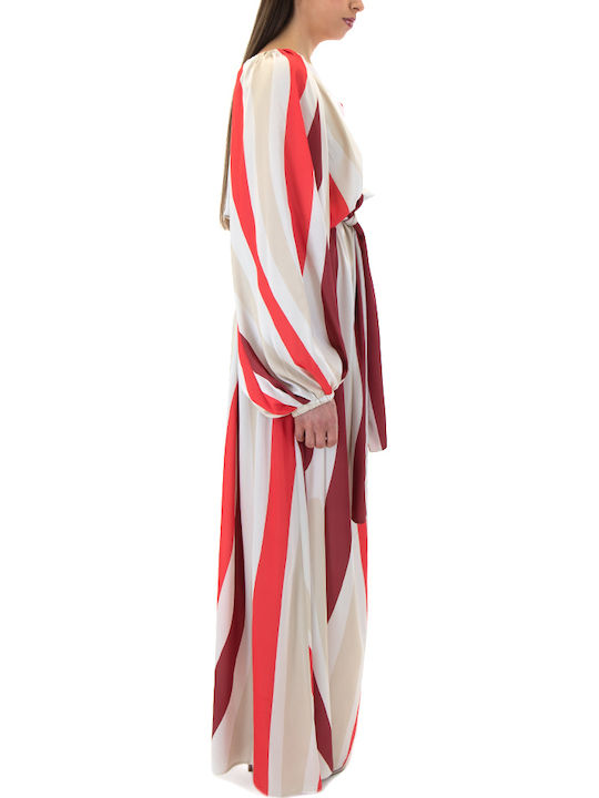 Summer Maxi Evening Satin Dress Ecru- Red- Bordeaux