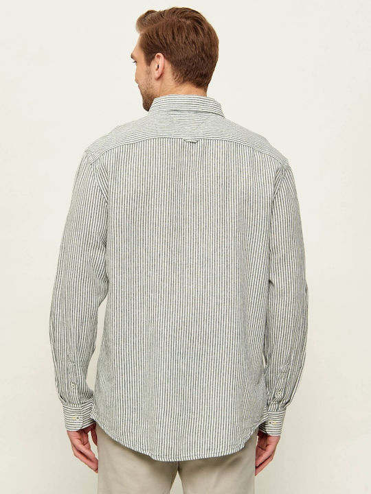 Long Sleeve Linen Shirt in Regular Fit Striped White/Khaki
