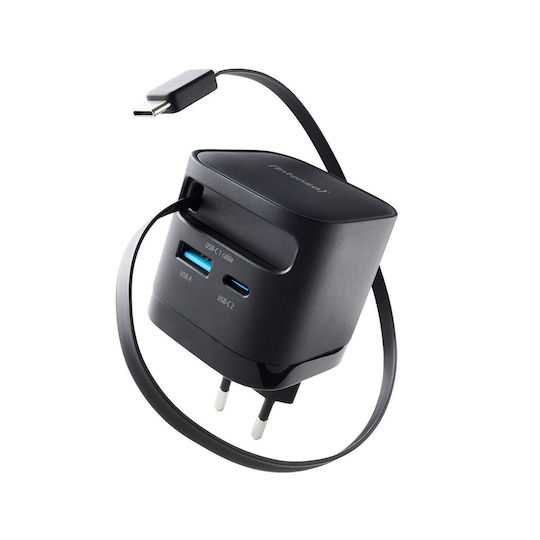 Intenso Φορτιστής GaN με Θύρα USB-A και Θύρα USB-C και Καλώδιο USB-C 65W Μαύρος (7806520)