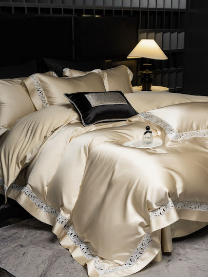 Bridal Set 4pcs Duvet Cover King Size 220×240 Silk Brocade 2 Pillowcases & 1 Sheet Gold Champagne
