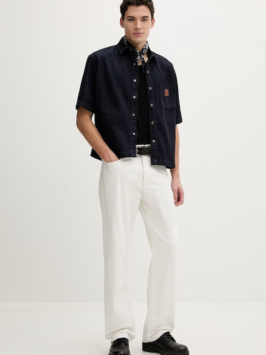 Short Sleeve Denim Shirt in Wide Line Blue